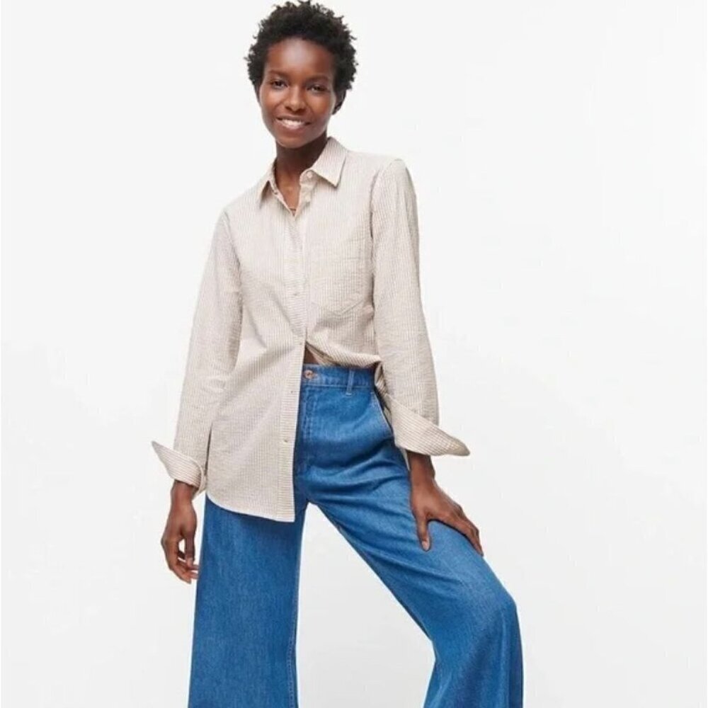 NWT J Crew Classic Fit Shirt in Seersucker Tan Taupe Long Sleeve Size 16